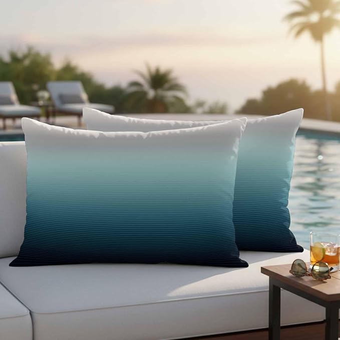 Waterproof Pillow Covers Set of 2,Black Teal and Gray Color Ombre Outdoor Pillow Protectors with Zipper Pillowcases for Patio Tent Garden Beach 20x12 Inches Modern Abstract Stripe Art
