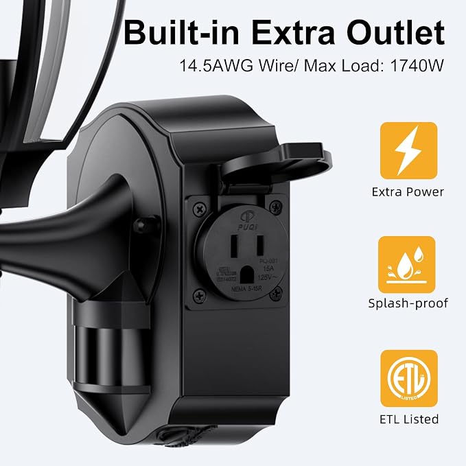 Porch Lights with Outlet, Motion Sensor Outdoor Lights, Updated Dusk to Dawn Exterior Lighting Fixtures, Waterproof Anti-Rust Aluminum Outside Light for House Entryway Garage, Black