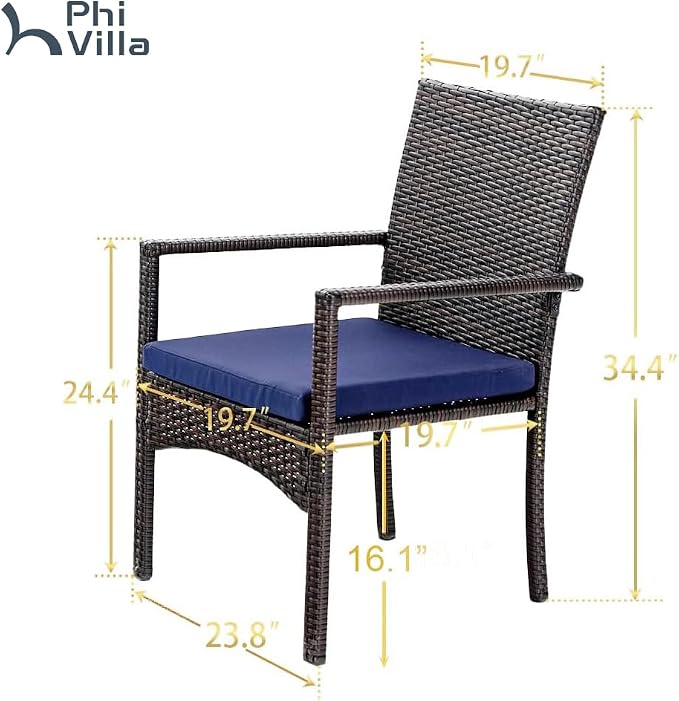 PHI VILLA Wicker Patio Dining Chairs Set of 4 with Removable Cushions | 4 Rattan dining chairs with thick removable seat cushions. Sturdy steel frame, easy assembly.