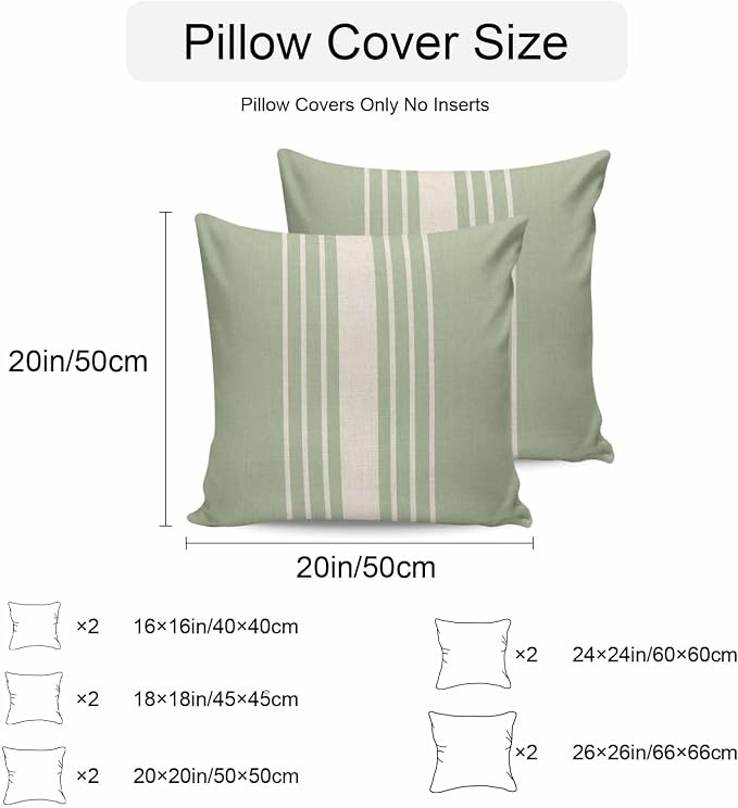 Outdoor Waterproof Pillows Cover Pack of 2 Modern Sage Green Striped Burlap Texture Decorative Pillowcases with Zipper Cushion Case for Patio Tent Couch Garden 16 x 16 Inches