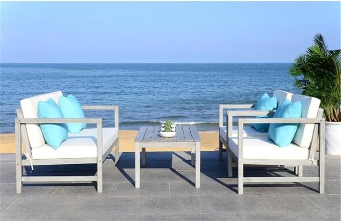 SAFAVIEH Outdoor Collection Montez Grey Wash/ White Cushions/ Light Blue 4-Piece Conversation Patio Set