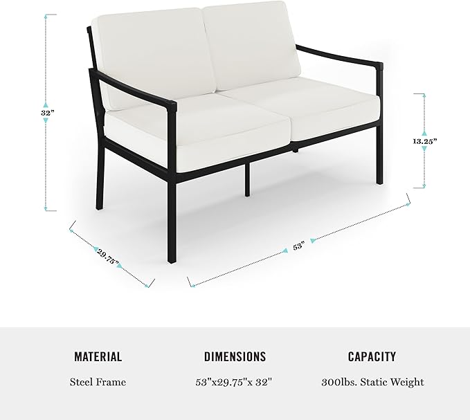 Martha Stewart Lily Pond 4-Piece All-Weather Conversation Set with Patio Loveseat, 2 Accent Chairs, and Coffee Table with Steel Frames in Black with Cream Cushions