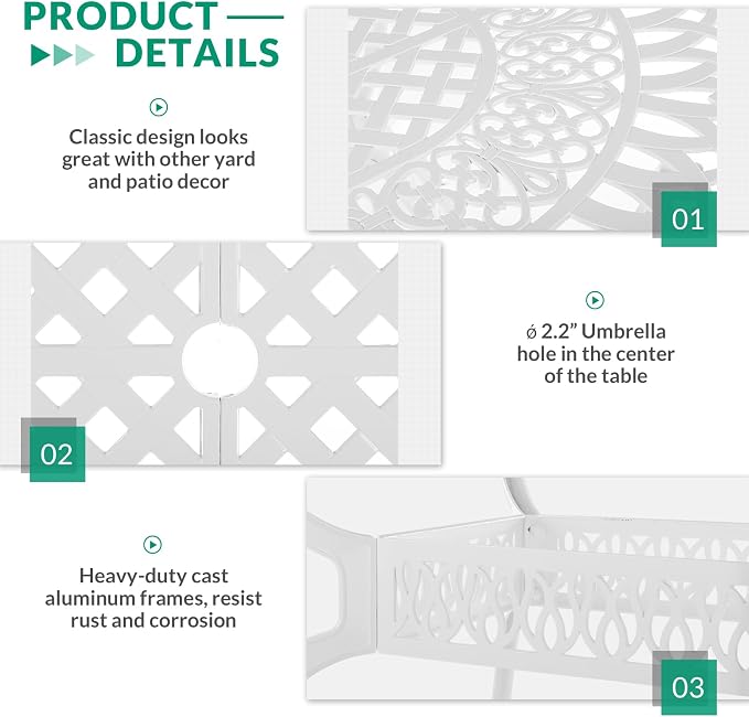 VIVIJASON 9-Piece Outdoor Furniture Dining Set, All-Weather Cast Aluminum Patio Conversation Set Include 8 Cushioned Chairs and an Oval Table with Umbrella Hole for Lawn Backyard (White/Green Cushion