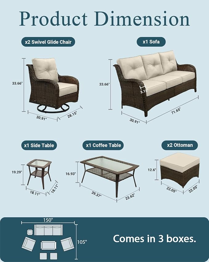 Patio Furniture Set, 7PCS Outdoor Wicker Conversation Set with 6" Thick Cushions, High Back Rattan Sofa & Swivel Rocker Chairs, Weather Resistant Olefin Fabric for Garden, Poolside, Beige