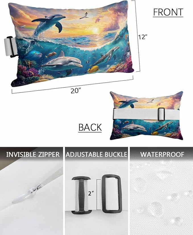Pack of 2 Outdoor Lumbar Cushions with Inserts, Summer Ocean Dolphin Fish Animal Photography Waterproof Fluffy Fade Body Pillows, Patio Furniture Pillow for Home Balcony Garden Decor 12x20IN