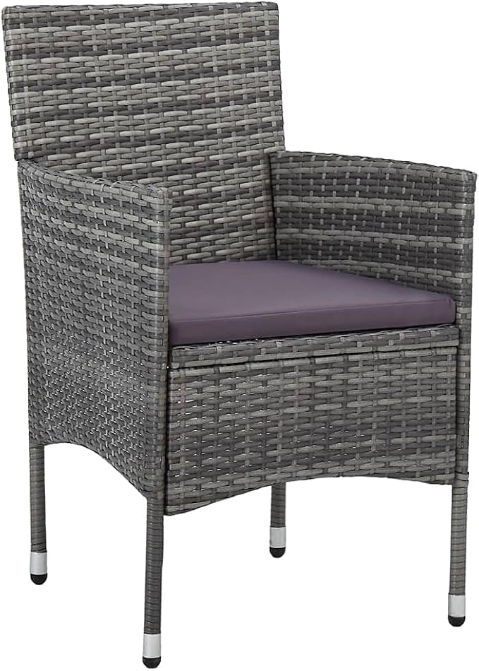 3 Piece Patio Dining Set Gray with PE Rattan and Cushions for Outdoor Garden Backyard, Glass Tabletop Steel Frame for Porch Poolside Relaxation