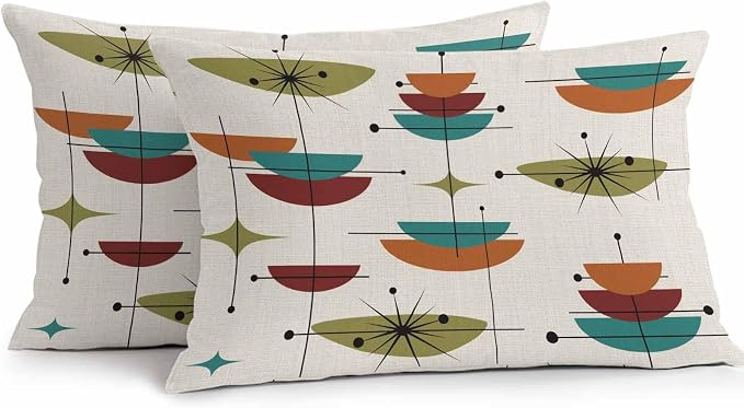 Vandarllin Outdoor Throw Pillows Covers 20x12 inch Set of 2 Waterproof Boho Mid Century Decorative Zippered Cushion Covers for Patio Furniture, Turquoise Orange Geometric Abstract Lumbar Pillowcases