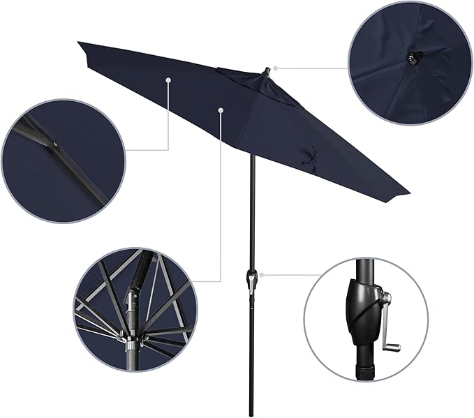 California Umbrella 7.5' Rd Aluminum Patio Umbrella, Crank Lift, Auto Tilt, Black Finish, Navy Blue