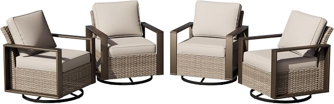 Joyside Outdoor Patio Swivel Rocker Chairs Set, 4 Pieces Wicker Rattan Chairs with Metal Wide Armrest, Thick Cushions and Deep Seating for Garden, Backyard, Porch, Deck
