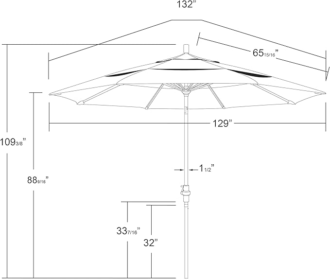 California Umbrella 11Ft Sunbrella Patio Umbrella, Fiberglass Ribs, Hand-Crank, Tilt-Collar, Black Frame, Sunflower Yellow Fabric