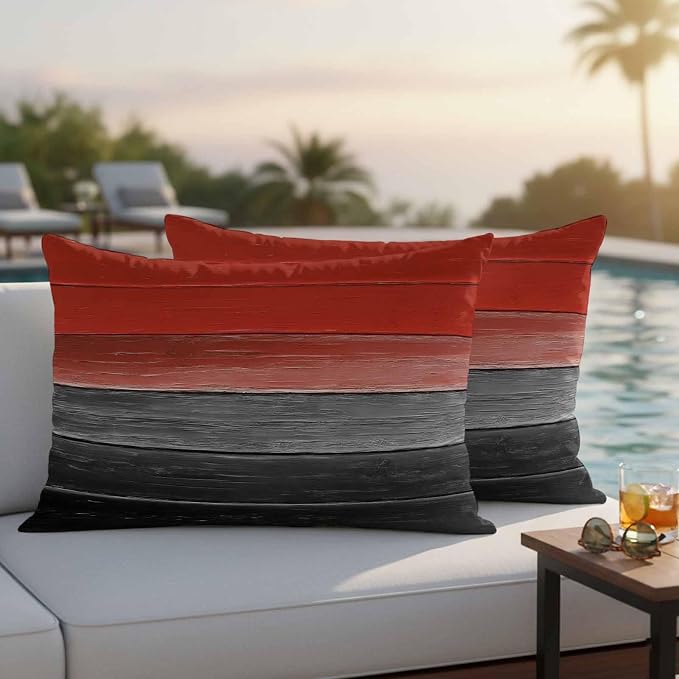 Red Gray Black Outdoor Pillow Covers 20x12 Inch Lumbar Pillow Covers Set of 2 Waterproof Decorative Throw Pillow Cases Vintage Country Gradient Wooden Grain Cushion Covers for Patio Furniture Garden