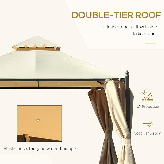 Outsunny 10' x 10' Steel Outdoor Patio Gazebo with Polyester Privacy Curtains, Two-Tier Roof for Air, Large Design