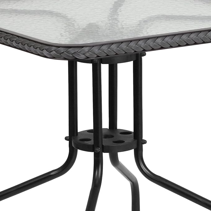 Flash Furniture Lila 28'' Square Glass Metal Table with Gray Rattan Edging and 2 Gray Rattan Stack Chairs