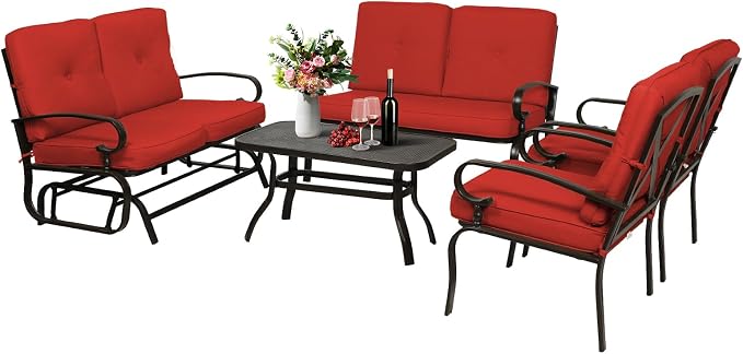 Oakcloud 5-Piece Outdoor Metal Furniture Sets Patio Conversation Set Wrought Iron Glider, 2 Single Chairs, Loveseat and Coffee Table, Red