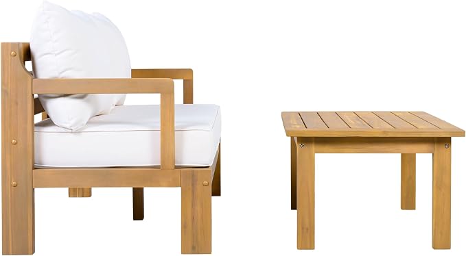 JIVOIT Outdoor 2-Piece Acacia Wood Patio Chat Set, Outdoor Conversation Set with 2 Seater Sofa and Coffee Table, Thick Cushions, Water-Repellent Fabric for Garden, Backyard, Balcony