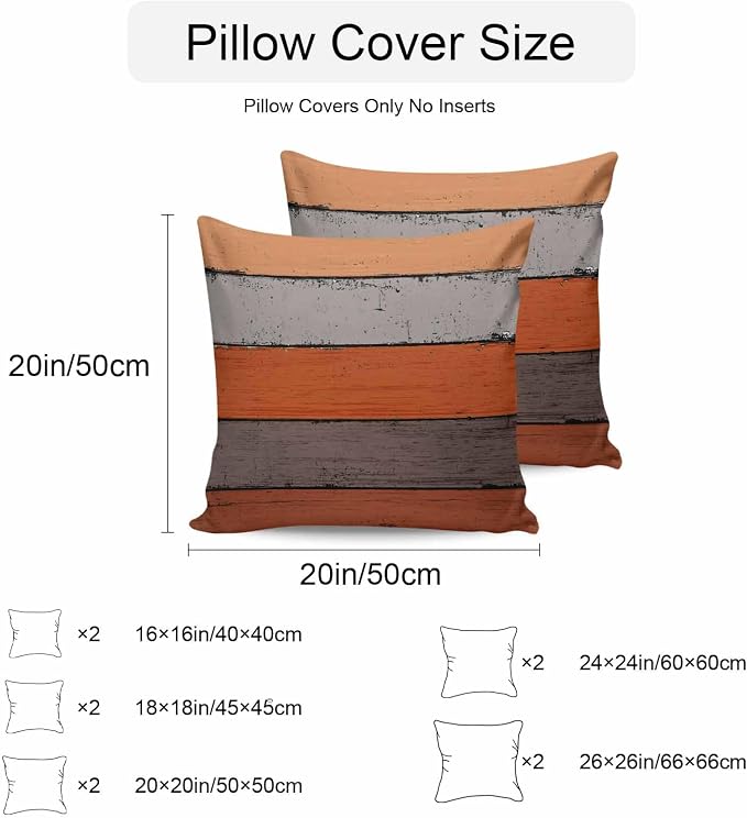 Outdoor Throw Pillow Covers 20X20 Set of 2 Waterproof Ombre Burnt Orange Gray Decorative Zippered Cushion Covers for Patio Furniture, Farmhouse Retro Rustic Barn Wood Texture Lumbar Pillowcases