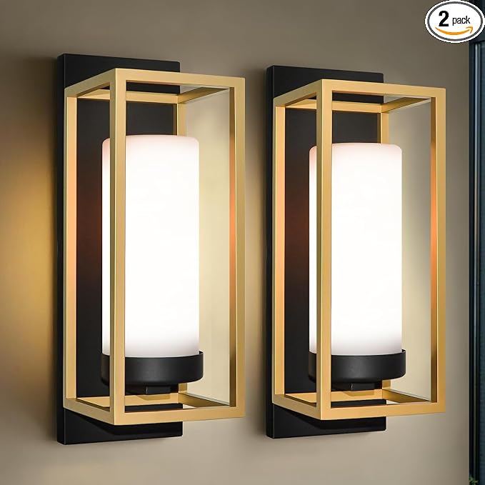 ALVIME Black and Gold Wall Sconce Set of 2, Modern Outdoor Wall Lights, Hardwired Exterior Porch Light Fixtures, Waterproof Front Door Lighting, E26 Base for House Garage Patio