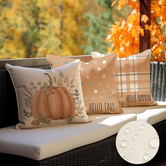 Fall Outdoor Pillow Covers Waterproof 20x20 Set of 4,Pumpkin Thanksgiving | Eucalyptus Autumn Fall Decorations for Home Porch,No Insert,Durable Polyester,Fit 20x20 inch Inserts or Smaller