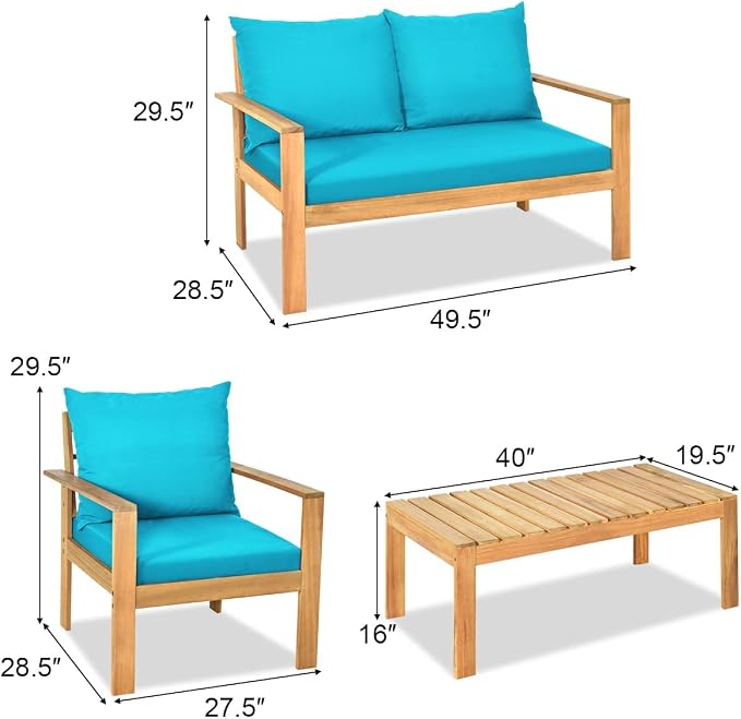 Tangkula Outdoor 4-Piece Acacia Wood Chat Set, 4 Seater Acacia Wood Conversation Sofa and Table Set with Water Resistant Cushions, Teak Finished (1, Turquoise)