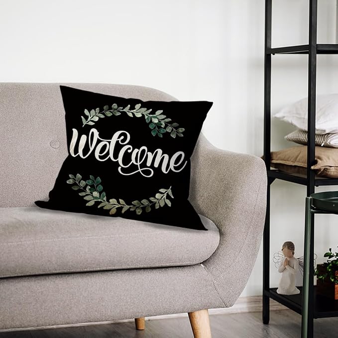 Mancheng-zi Welcome 18x18 Porch Decor, Outdoor Pillow Covers - Patio & Farmhouse Porch Deco, Black
