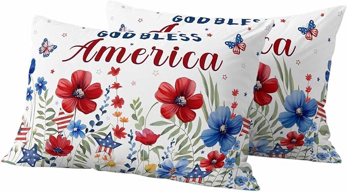 God Bless USA Outdoor Waterproof Throw Pillow Covers Set of 2, 20"x12", Red Blue Daisy Butterfly Independence Day Decorative Pillow Covers Outside Cushion Case for Patio Porch Garden