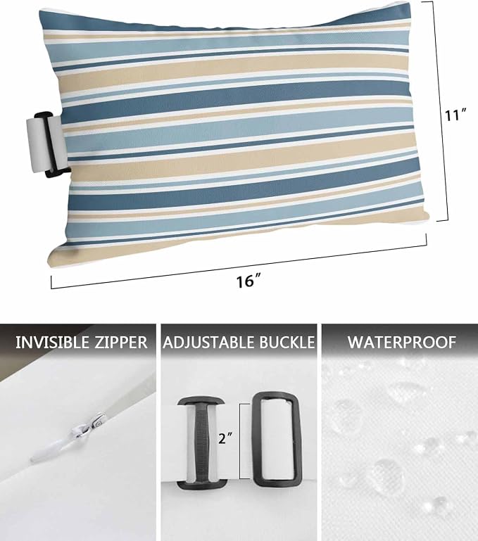 Pack of 2 Outdoor Lumbar Pillow Covers 11x16 Inch, Khaki Blue Striped Waterproof Throw Pillow Covers Set, Farmhouse Stripes Modern Abstract Art Outside Decorative Cushion Cases for Patio Porch Car