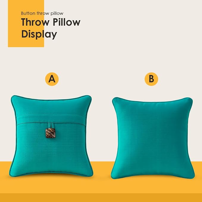 Outdoor Decorative Pillows with Coconut Button Pack of 4, 18" x 18" Outdoor Pillow Set for Couch Bed Throw Patio Sofa, Peacock Blue