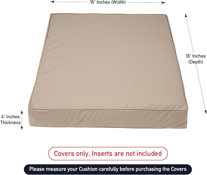 Covers & All Square Outdoor Cushion Covers for Patio Furniture Sets, Water, Tear & UV Resistant Polyester Cushion Slipcover with Zippers (Pack of 2) (16" W x 16" D x 4" Thick, Beige)
