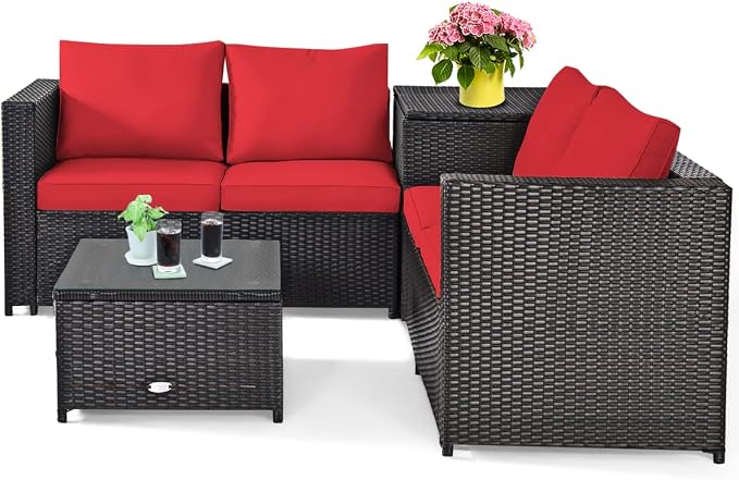 HAPPYGRILL 4 Pieces PE Rattan Wicker Conversation Set Outdoor Patio Furniture Sofa Set with Storage Box and Tempered Glass Coffee Table for Backyard Garden Porch