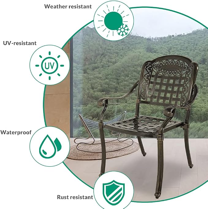 VIVIJASON 3-Piece Outdoor Patio Bistro Set, All-Weather Cast Aluminum Furniture Dining Sets Include 2 Chairs and 35.4" Round Table w/Umbrella Hole for Balcony, Lawn, Garden, Backyard, Antique Bronze