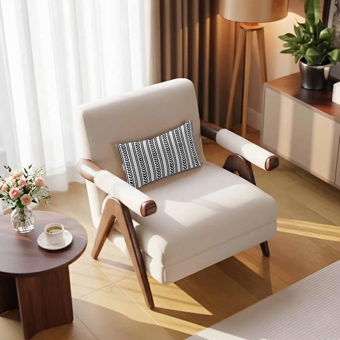1PCS Outdoor Pillow for Chaise Lounge Chair Geometric White Black Leaves Stripe Waterproof Headrest Cushion with Insert Modern Ethnic Texture Lumbar Pillow for Beach Patio Poolside Office,11x16in