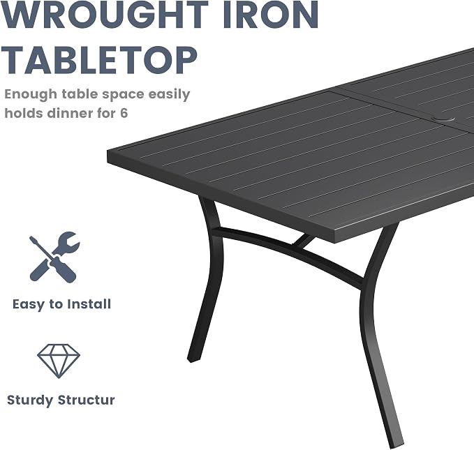 VICLLAX 7 Pieces Patio Outdoor Dining Set, 63" Outdoor Rectangular Metal Table with Umbrella Hole and 6 Stackable Textilene Chairs for Patio, Lawn, Garden, Porch, Black/Brown
