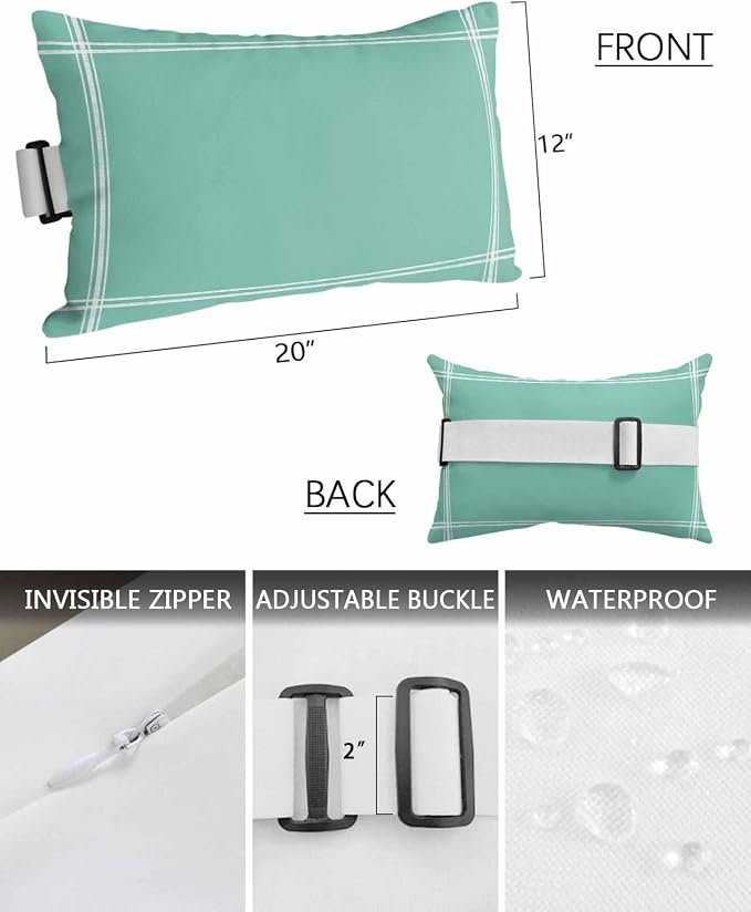 Outdoor Pillow for Lounge Chair with Strap & Insert Mint Green Turquoise Recliner Head Pillow Solid Teal Color Waterproof Headrest Patio Lumbar Pillows for Beach Pool Office Chaise Chair 12x20 Inch