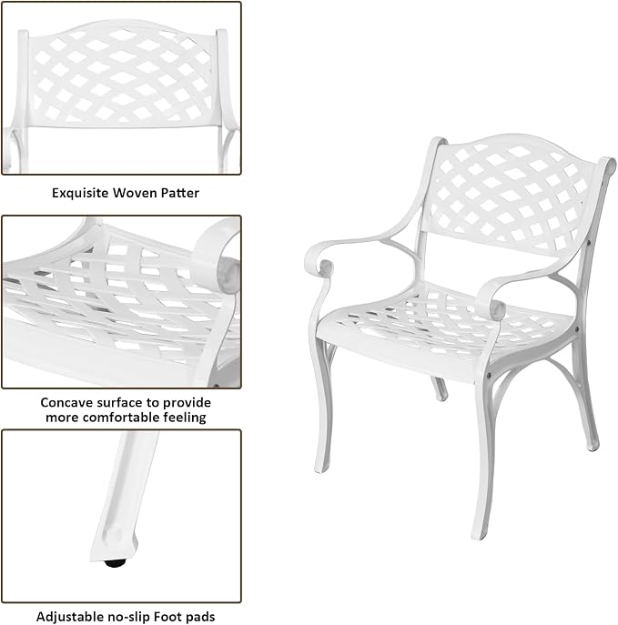 3 Piece Cast Aluminum Bistro Set With Umbrella Hole, Outdoor Patio Furniture With Adjustable Foot Cap, Metal Table and 2 Chairs for Garden, White