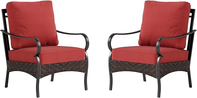 Sophia & William Extra Large Outdoor Patio Sofa Chairs Set 2 PCS Heavy-Duty Porch Furniture with High Back & Deep Seating Area, 5.5" Thicken Cushions for Deck, Lawn, Outside (Red)