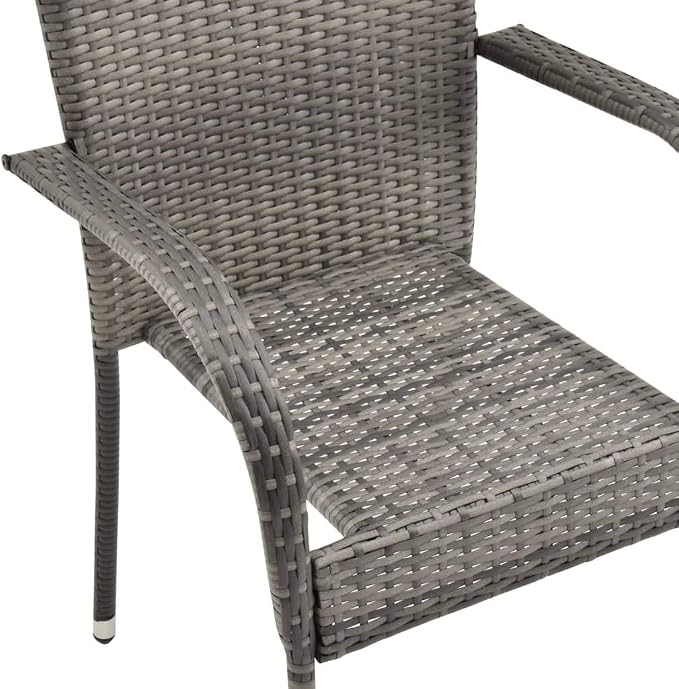 7 Piece Patio Dining Set Gray Poly Rattan Outdoor Furniture with Tempered Glass Tabletop and Stackable Chairs
