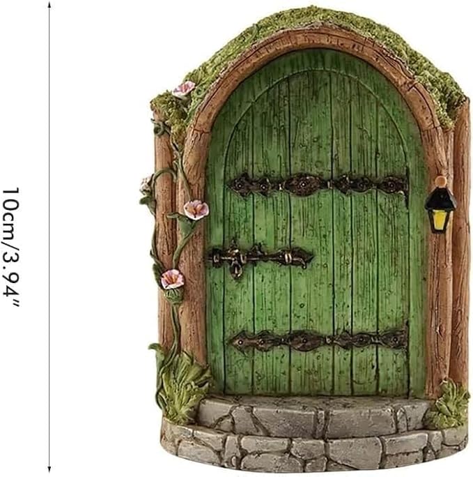 Green Fairy Door, Wooden Miniature Fairy Garden Doors Outdoor Mini Fairy Gnome House Accessories for Tree Trunk Ornaments Garden Miniatures, Fairy Doors for Trees Outdoor, Gnome Door for Tree Trunk