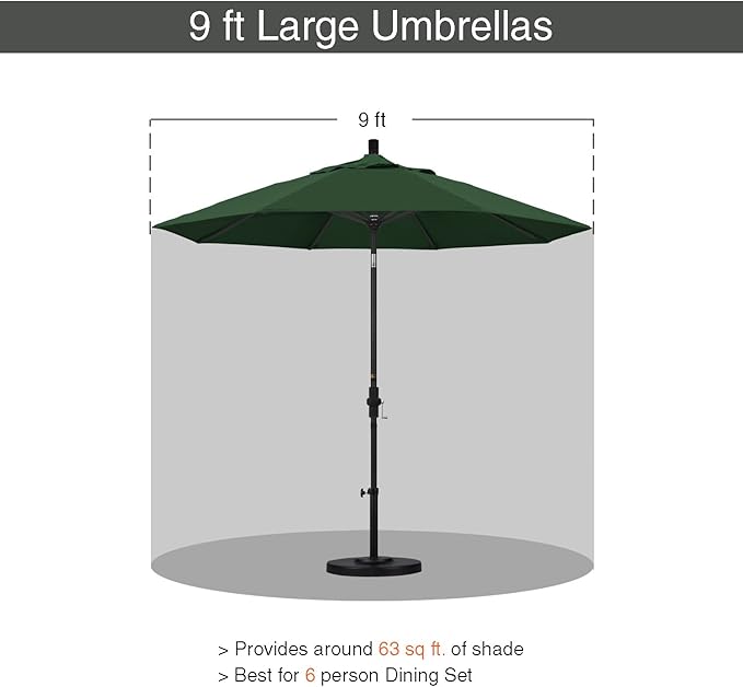 California Umbrella 9' Round Aluminum Market Umbrella, Crank Lift, Collar Tilt, White Pole, Hunter Green Olefin