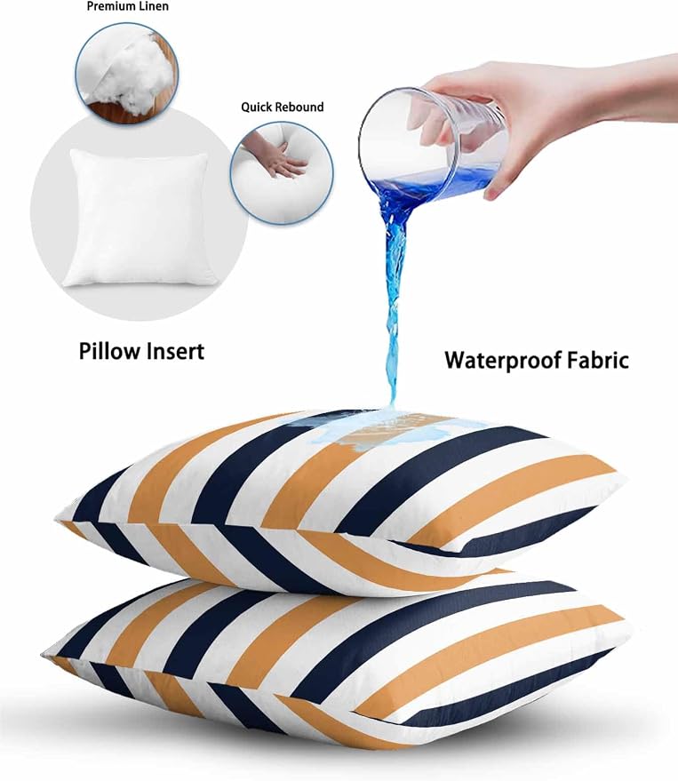 Outdoor Pillows Waterproof, Burnt Orange Navy Blue Striped Bedding Throw Pillows with Insert for Couch Sofa Bed, Farmhouse Stripe Art 18x18 Inch Pillowcases Camping Patio Pillow Set of 2