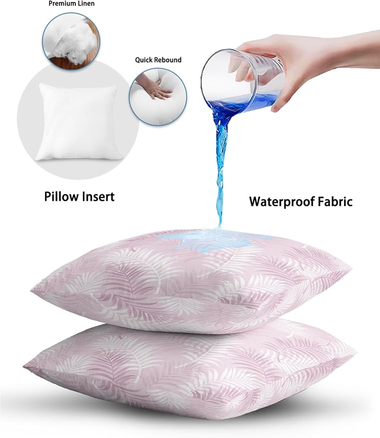 Waterproof Outdoor Pillow 1 Pack Pink Tropical Palm Leaves Decorative Throw Pillows Cover & Insert 16x16 Inch Pillowcase Summer Jungle Foliage Pillows for Couch Sofa Bed Patio Furniture Indoor Outdoor