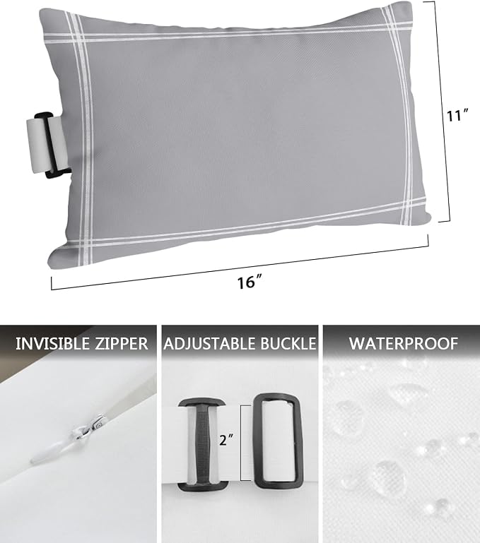 Outdoor Pillows Covers with Inserts Solid Color Gray Waterproof Recliner Pillow with Adjustable Strap Throw Pillows for Patio Furniture Pool Lounge Chair, 11x16 inch, 1PCS