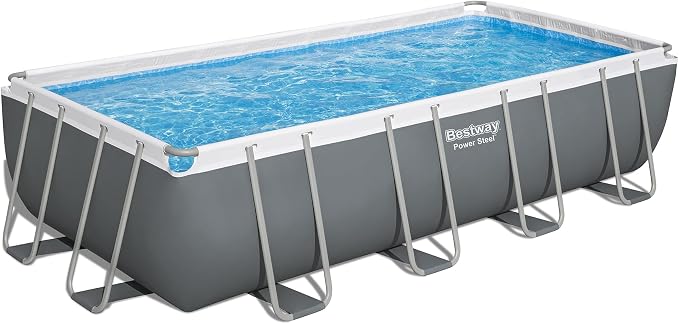 Bestway Power Steel 18' x 9' x 48” Above Ground Pool, Rectangular Metal Frame Outdoor Swimming Pool Set with Sand Filter Pump, Ladder, and Cover