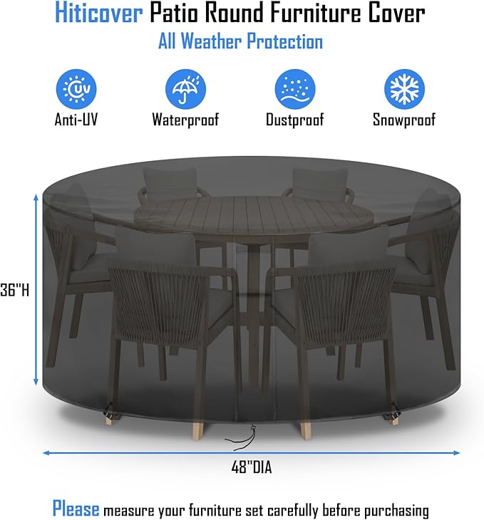 Round Patio Furniture Covers, 48 Inch Waterproof Round High Outdoor Table and Chair Set Cover, Tall Outdoor Furniture Covers for Winter, Rainproof Fadeproof - 48"Dia x 36"H
