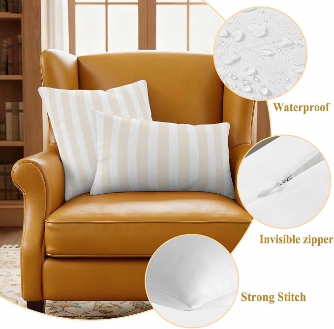 Cream Striped Outdoor Waterproof Throw Pillow Covers 20x12 Set of 2, Modern Farmhouse Cream White Stripes Decorative Pillowcases Cushion Pillowcase for Couch Sofa Patio Outside Pillow Protector