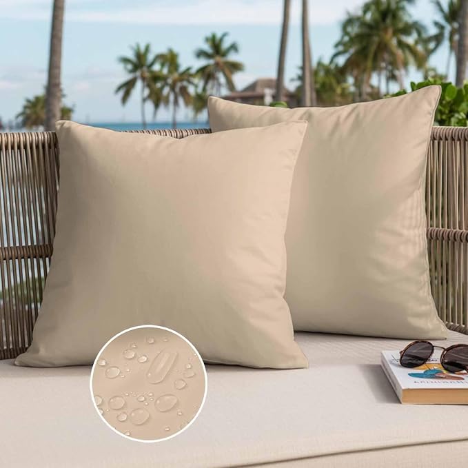 Throw Pillow Covers 18x18 Inch Set of 2, Khaki Solid Color Waterproof Outdoor Pillow Covers, Aesthetics Contemporary Luxury Decorative Cushion Pillowcases for Couch, Sofa, Bed, Garden, Patio