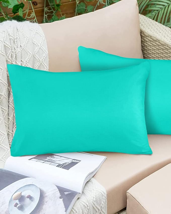 Outdoor Waterproof Throw Pillow Covers Set of 2 Teal Green Pattern Lumbar Pillowcases 20x12 Inches Pure Colour Patio Decorative Pillows Cushion Case Patio Pillows for Couch Bed Chair Garden