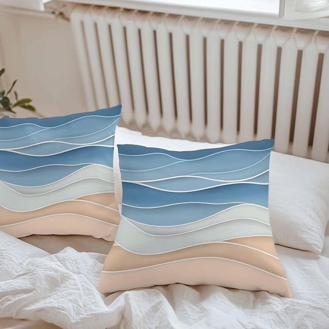 Blue Waterproof Outdoor Pillow Covers Set of 2 Home Decor, Ocean Wave Stripes Modern Abstract Beach Geometric Pillowcase Patio Pillow Covers for Couch Bench Furniture Garden 20x20in