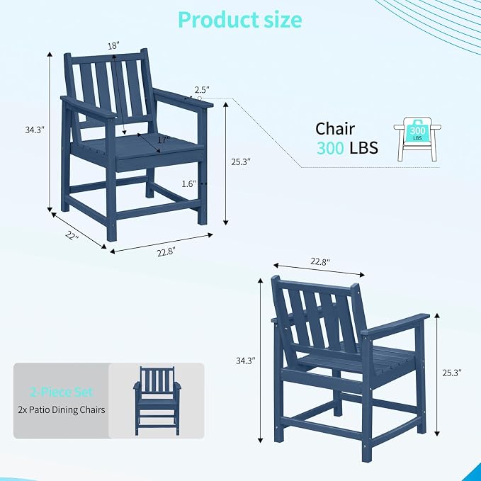 2-Piece Outdoor Patio Chairs, HDPE All-Weather Patio Chair with Backrest and Armrest, 300 lbs Support Outdoor Dining Chair Furniture for Garden, Deck, Porch, Navy