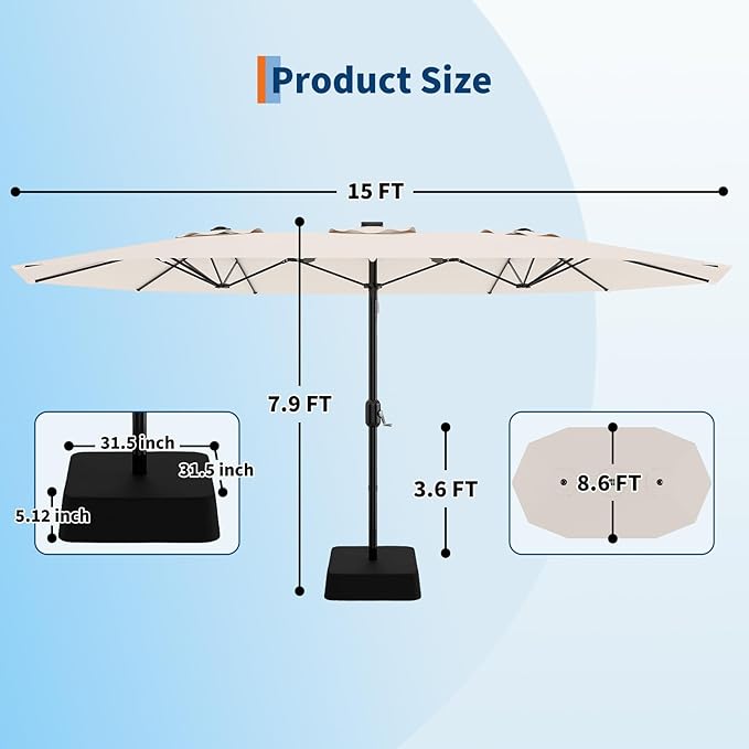Garvee 15 ft Rectangular Patio Umbrella with Base Included - Large Patio Umbrella with Crank Handle, UV Protection for Outdoor Market, Backyard, Pool - Beige