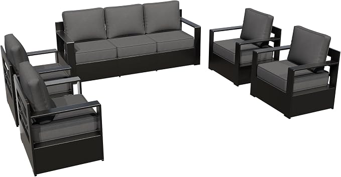 Aluminum Outdoor Conversation Furniture Set - All Weather Patio 79" Sofa with 4 Armchairs, 6" Water-Resistant Cushions & Furniture Covers & Metal Armrest for Deck Porch (Grey)